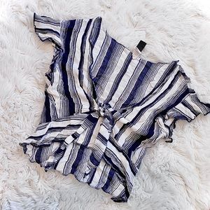 Striped Tie Front Blue White Crop Top Blouse